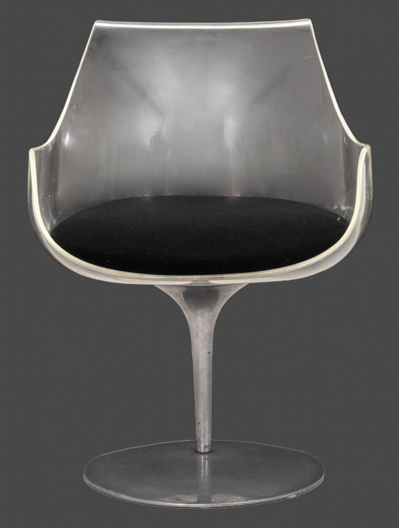 Laverne Mid-Century "Champagne" Chair: Erwine and Estelle Laverne (American, 1909-2003; 1915-1997) Mid-Century Modern "Champagne" chair with Plexiglas seat, black drop in cushion, and aluminum base, made in Italy, marked to underside. 32"