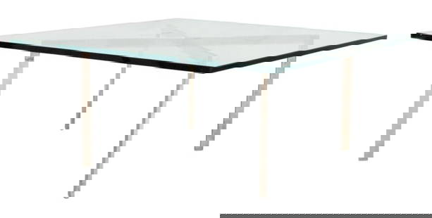 Mies van der Rohe for Knoll Barcelona Table: Ludwig Mies van der Rohe (German/American, 1886-1969) for Knoll "Barcelona" table, designed 1930, in chrome with glass top. 17.5" H x 40" W x 40" D. Note: This item is only available for preview at ou