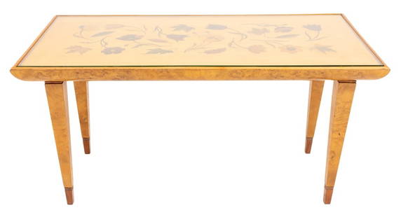 Ferrario Italian Art Deco Marquetry Table, c. 1939: Italian Art Deco pearwood marquetry table by the Firm of Francesco Ferrario (Italian, active Milan, 1875-1949), today known as Tarsio Ferrario, with label to underside with the signature of Prof. Piet