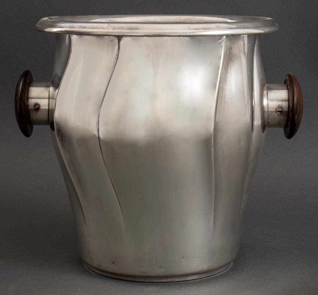 WMF Art Deco Silverplate & Rosewood Wine Cooler: Wuerttembergisches Manufaktur Fabrik German Art Deco Rosewood mounted silverplate wine or champagne cooler / ice bucket, struck with WMF marks for the period 1935-1945, the cooler later engraved "H.M.