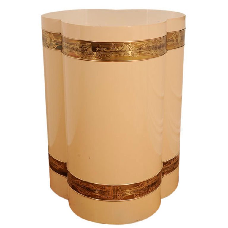 Berhard Rohne Mastercraft Side Table USA 1970s: Lacquered wood Mastercraft side table with acid etched banding, designed by Bernhard Rohne, towards the top and bottom, United States, 1970s. Dimensions: 27"H x 21"W x 21"D