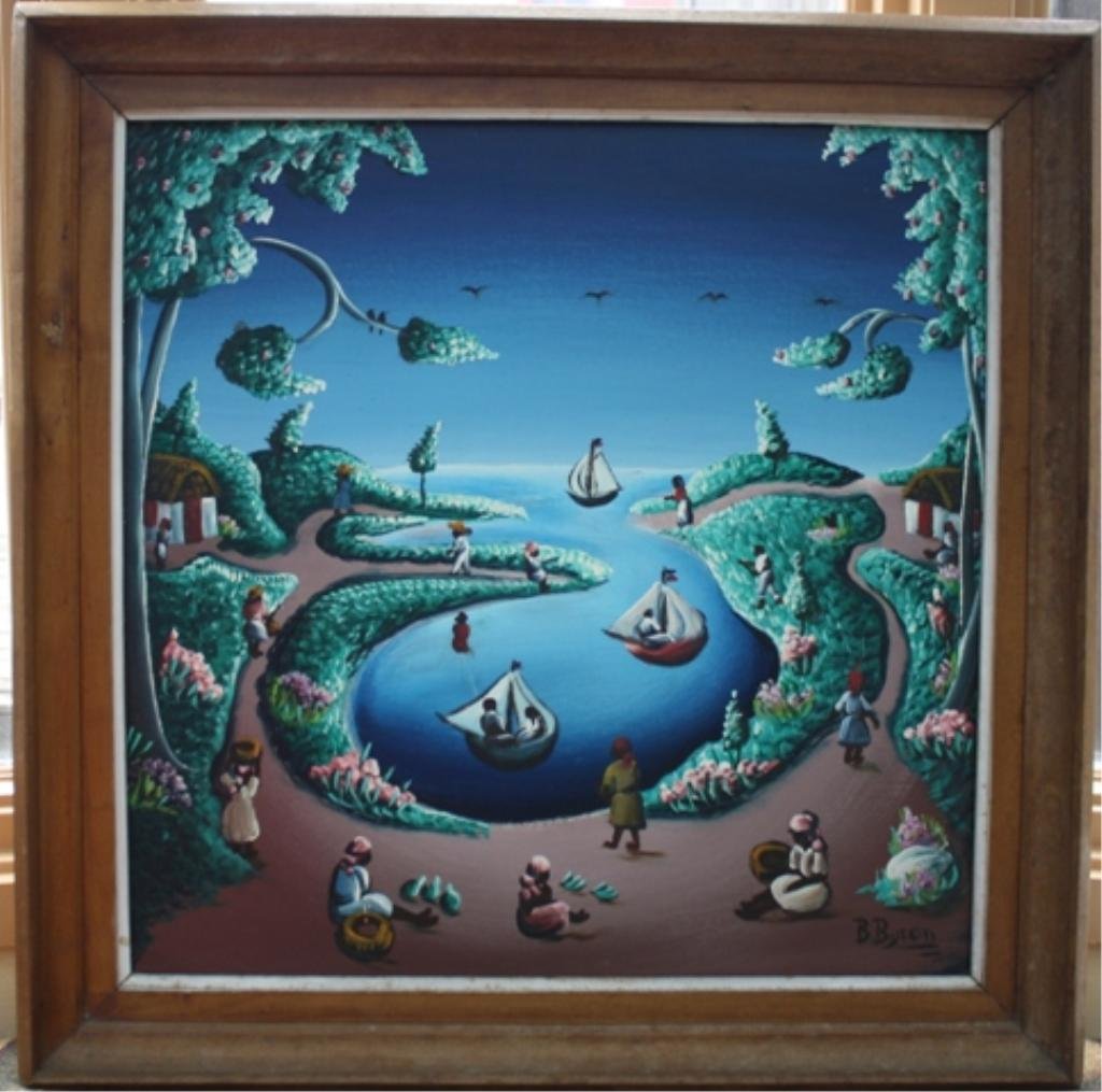 Haitian B. Byron Nautical Village Scene Painting: Bourmond Byron (Haitian, 1923- ) painting of a seaside village wit sailboats and figures, oil on panel, Haiti, twentieth century; signed by artist. Dimensions: 28"H x 28"W; 23"H x 23"W (image space).