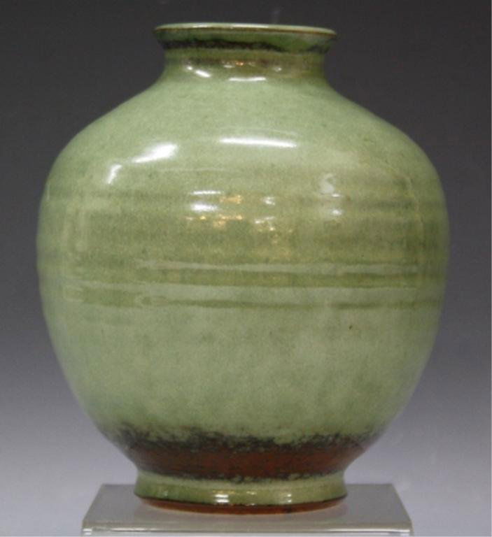 Edwin & Mary Scheier Studio Pottery Vase c.1955: Edwin and Mary Scheier Studio green ceramic vase, America, c.1955; marked "Scheier." Dimensions: 6"H x 5"diameter