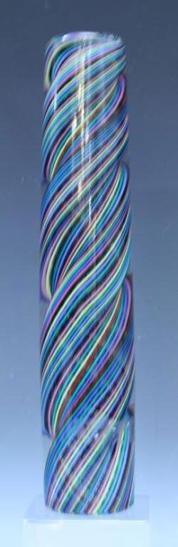 1954 Venice Biennale Venini Glass Obelisk: Spiral muti-colored Venini obelisk shown in 1954 Venice Biennale, glass, Italy; marked. Dimensions: 11-1/4"H x 2"diameter