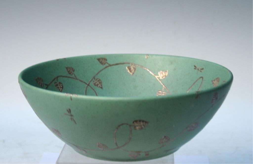 Emilia Castillo Silver Overlay Pottery Bowl Mexico: Mottled green bowl featuring Nouveau-style vines and foliage with dragonflies in silver overlay by home decor and jewelry designer Emilia Castillo, pottery with silver overlay, Mexico, 1994; marked on