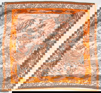 Hermes Paris "Zenobie, Reine..." Cashmere Scarf: Hermes Paris "Zenobie, Reine de Palmyre" cashmere-silk scarf in orange and olive, made in France, designed by Annie Faivre and issued in 2015, 70% cashmere and 30% silk. 55" H x 54" W.