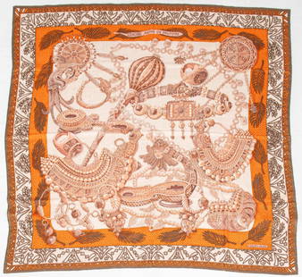 Hermes Paris "Zenobie, Reine..." Cashmere Scarf: Hermes Paris "Zenobie, Reine de Palmyre" cashmere-silk scarf in orange and olive, made in France, designed by Annie Faivre and issued in 2015, 70% cashmere and 30% silk. 55" H x 54" W.