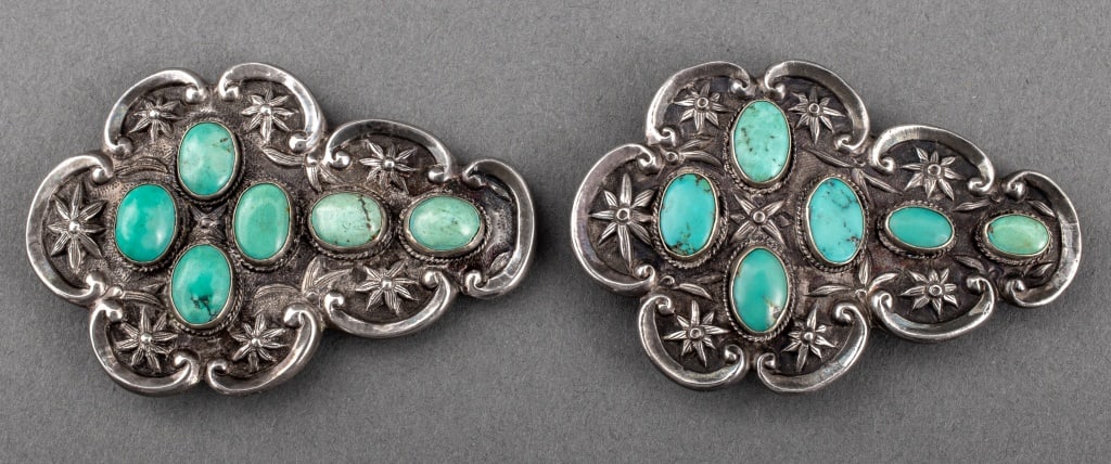 Chinese Silver & Turquoise Buckles, Pair (1 of 10)