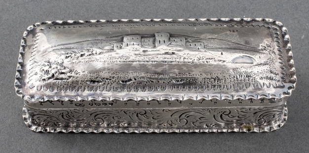 Victorian Sterling SIlver Snuffbox, 1885: Victorian sterling silver snuffbox, with maker's marks of William Comyns & Sons, London, 1885, the lid repousse with a view of the Scottish highlands, the sides with floral scrollwork engraving.