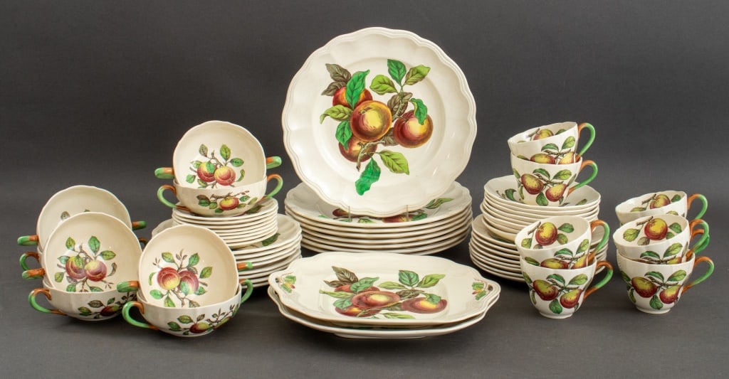 Copeland Spode "Apple" China Service for 8: Copeland Spode bone china dinner service in the "Apple" pattern, each with brown underglaze mark for "Copeland Spode England" and with green pattern marks, each piece with three apples to center, and 