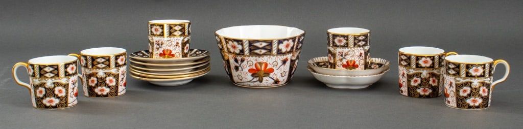 Royal Crown Derby Imari Demitasse Set for 6: Royal Crown Derby English bone china demitasse set for six, each with iron red overglaze marks for Royal Crown Derby and datemarks for 1975, in the "Imari" pattern and comprising six (6) demitasse cup