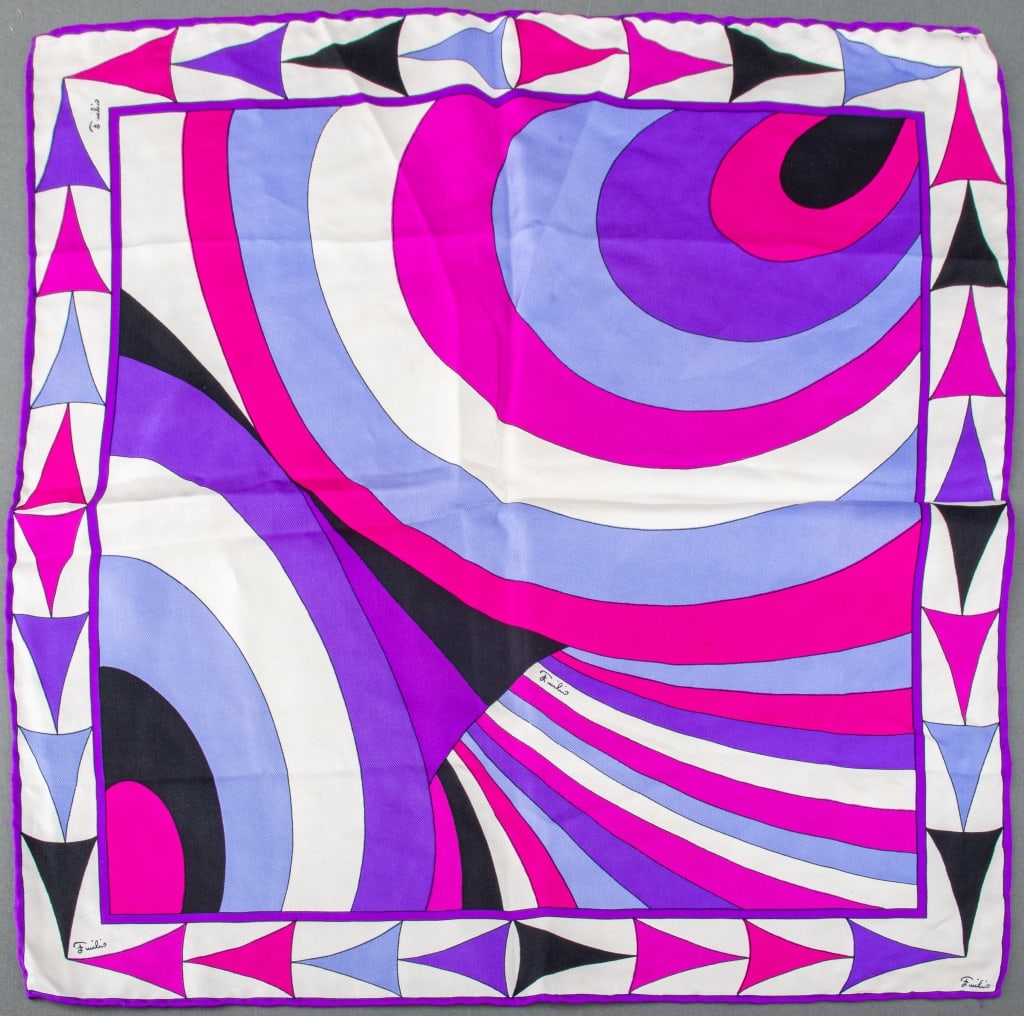 Emilio Pucci Geometric Silk Scarf: Emilio Pucci pink, white and purple geometric silk scarf, marked "Emilio" in the print. Minor stains. 16" H x 16" W.