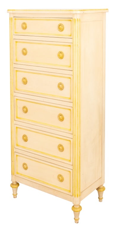 Louis XVI Style Yellow Decorated Tall Chest: Louis XVI style yellow-decorated tall chest of six (6) drawers, the top rectangular with colonnettes flanking six short drawers above four turned legs. 57" H x 26" W x 16" D. Provenance: From a 140 Ea