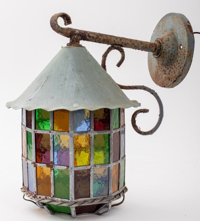 Arts & Crafts Painted Metal Slag Glass Lantern (1 of 12)