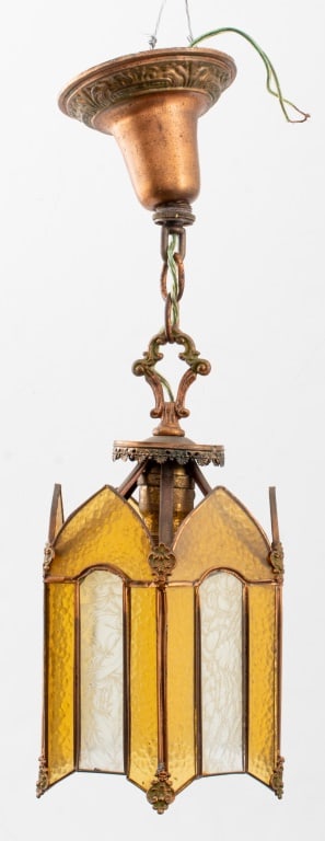 Gothic Revival Copper Slag Glass Pendant Lamp: Gothic Revival pendant lamp with six slag glass faces and copper metal mounts. 19" H x 7" diameter. Provenance: From a Rye, N.Y. collection.