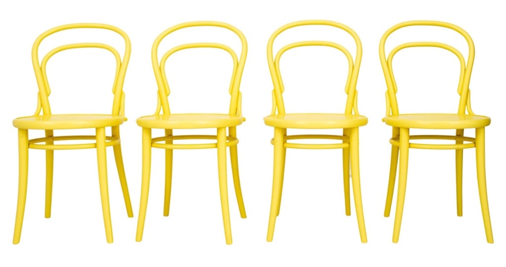 Michael Thonet Ton "Era" Yellow Chairs, 4, 21st C: Michael Thonet Ton "Era" Chairs in Yellow, 4, 21st Century. 33" H x 16.25" W x 20.5" D. Keywords: Design Within Reach, Thonet, Czech furniture, Modern style, Eclectic style