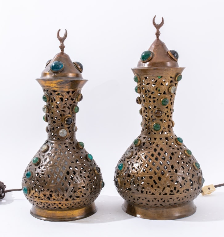 Moroccan Glass Cabochon Mounted Lamps, Pair (1 of 12)