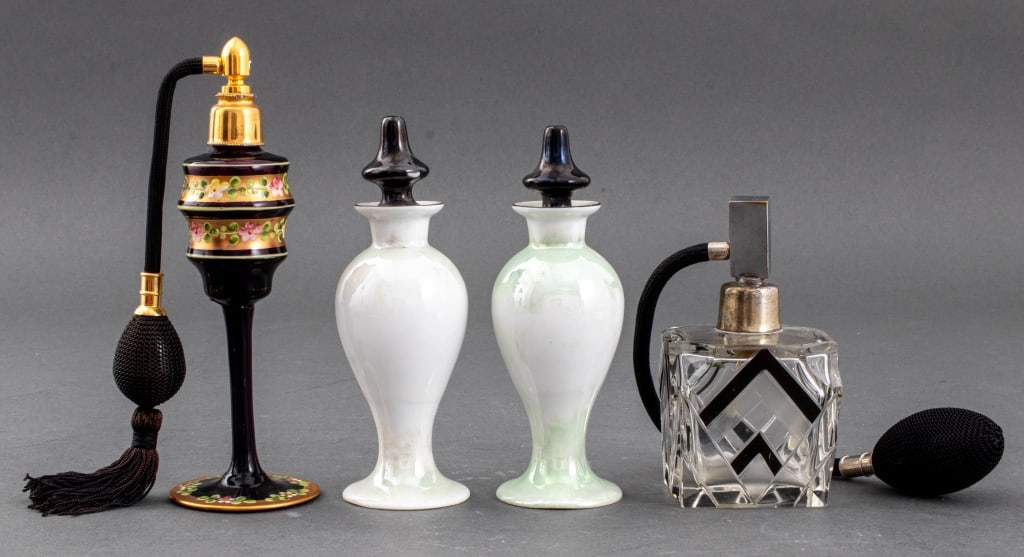 Czech Art Deco Perfume Bottles & Atomizers, 4: Group of four Czech perfume vessels comprising two atomizers, one in cut glass with black enameled geometric design, faint "Czecho Slovakia" mark to underside, one amethyst glass with hand-painted flo