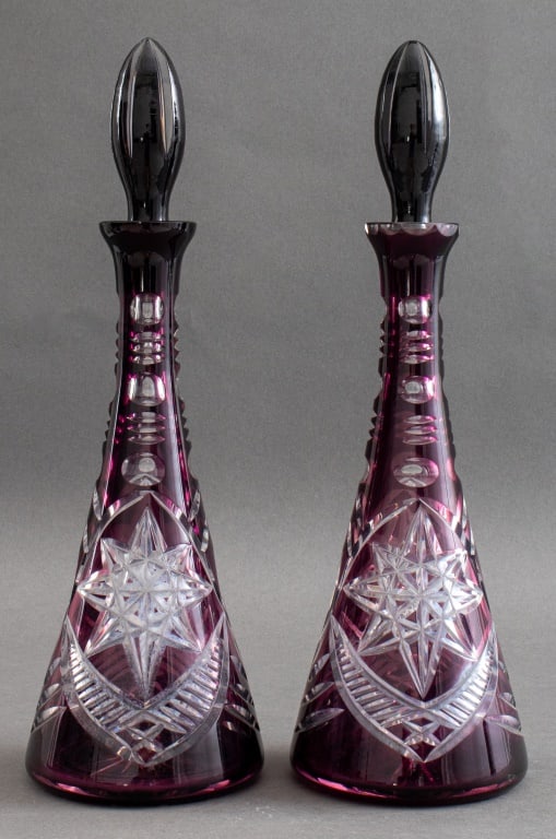 Bohemian Cut Amethyst Flash Glass Decanters, 2 (1 of 12)