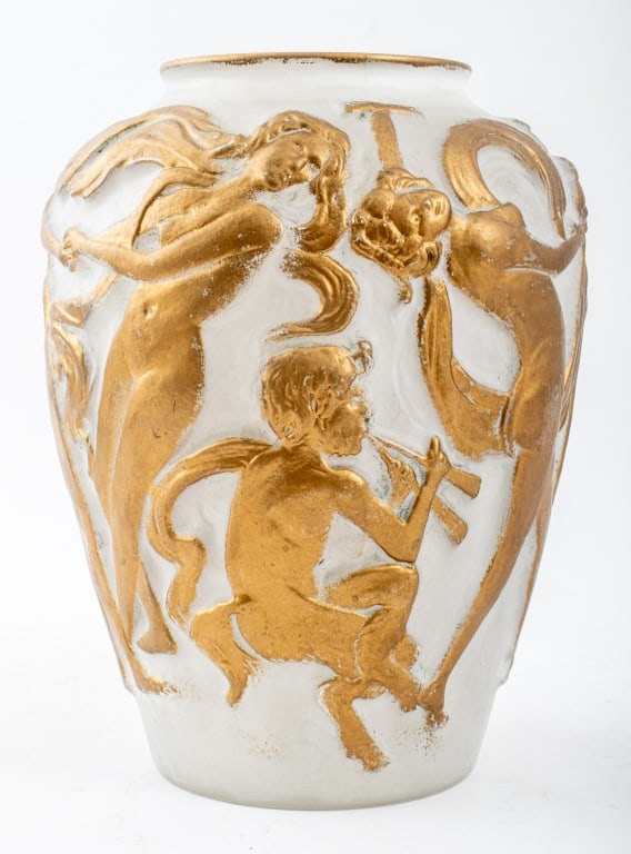 Phoenix Consolidated Glass Vase with Gilt Nudes: Phoenix Consolidated Glass Co. sculptural vase with gilt decoration of classical style dancing nude nymph figures with a satyr playing an aulos double flute, circa first half 20th century. 11.75" H x