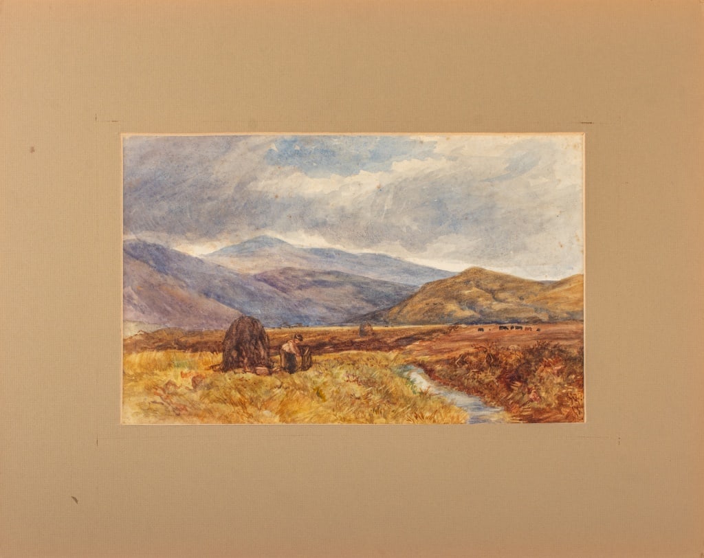 Arthur J. Stark "A Peat Bog" Watercolor on Paper: Norwich School, Arthur James Stark (British, 1831-1902), "A Peat Bog" watercolor painting on paper depicting a Welsh landscape scene of Arthog, Wales, with a figure in the foreground and six cows in t
