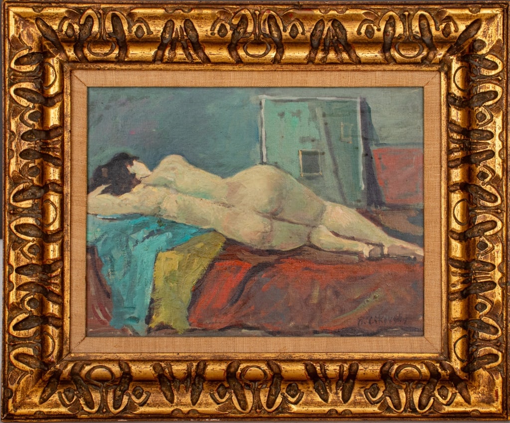 Nicolai Cikovsky Reclining Nude Oil on Board: Nicolai Cikovsky (Russian/American, 1894-1984) oil painting on canvas board depicting a reclining nude woman in an interior scene, signed lower right, housed in a carved gilt wood frame. Image: 11.5"