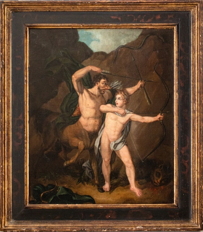"The Education of Achilles" Oil on Canvas: European School, after Jean-Baptiste Regnault (French, 1754-1829), "The Education of Achilles", oil painting on canvas, depicting the centaur Chiron teaching the young Achilles how to use a bow and ar