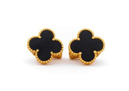 Van Cleef & Arpels 18K Onyx Alhambra Earrings: Van Cleef & Arpels Vintage 18K Yellow Gold Alhambra Earrings, featuring black onyx motifs, worn through pierced earlobes with posts and omega backs, marked: "VCA 750 CL 90585". Measuring approx.