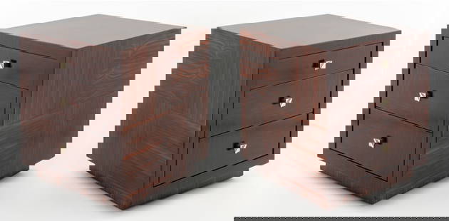 Patrick Gaguech Art Deco Style Side Tables, Pair: Pair of Patrick Gaguech French Art Deco Style Zebra Wood Nightstands or End Tables, with three drawers, silver-tone metal pulls, and on wheels, marked to undersides. 18" H x 16" W x 16" D. Keywords: A