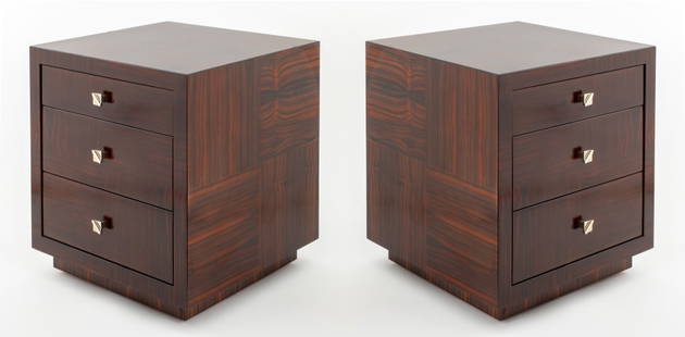 Patrick Gaguech Art Deco Style Side Tables, Pair: Pair of Patrick Gaguech French Art Deco Style Zebra Wood Nightstands or End Tables, with three drawers, silver-tone metal pulls, and on wheels, marked to undersides. 18" H x 16" W x 16" D. Keywords: