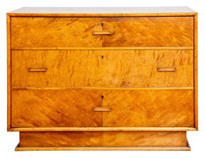 Art Deco Scandinavian Birch Chest of Drawers: Art Deco Scandinavian Birch Veneer Chest of Drawers, attributed to Axel Einar Hjorth for Nordiska Kompaniet, Circa 1940, top drawer with label reading "Nordiska Kompaniet / Meubles Art Decoraciones /