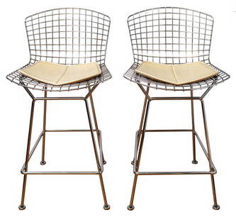 Harry Bertoia for Knoll Bar Stools, Pair: Pair of Modern Contemporary Harry Bertoia (Italian/American 1915-1978) for Knoll chrome metal bar stool chairs with lattice seats and backs and original Knoll cushions, both marked. 38.5" H x 17" W x