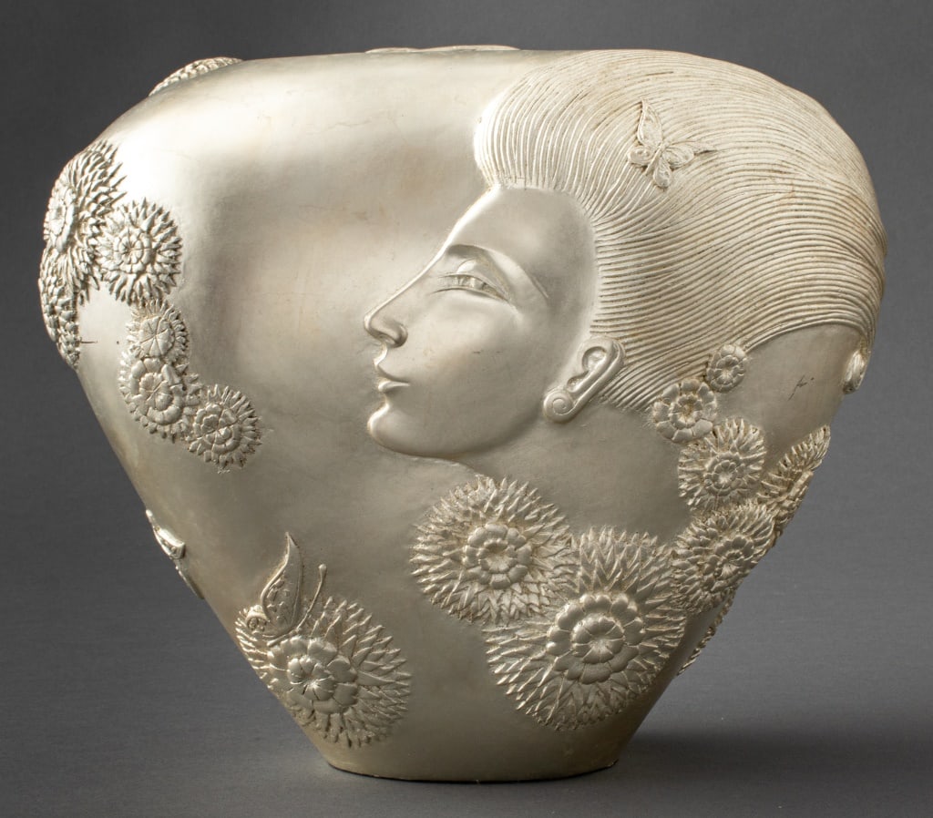 Erte "She Loves Me" Silvered Bronze Vase, 1987 (1 of 10)