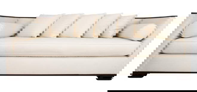 Art Deco Style Upholstered Mahogany Sofa: Art Deco Style Mahogany Framed White Upholstered Sofa, with single seat cushion, 20th century. 32" H x 87" L x 39" D; seat: 19" H. Keywords: Art Deco, Sofa, Couch, Jean Michel Frank, French furniture.