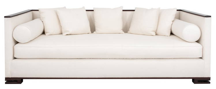 Art Deco Style Upholstered Mahogany Sofa: Art Deco Style Mahogany Framed White Upholstered Sofa, with single seat cushion, 20th century. 32" H x 87" L x 39" D; seat: 19" H. Keywords: Art Deco, Sofa, Couch, Jean Michel Frank, French furniture.