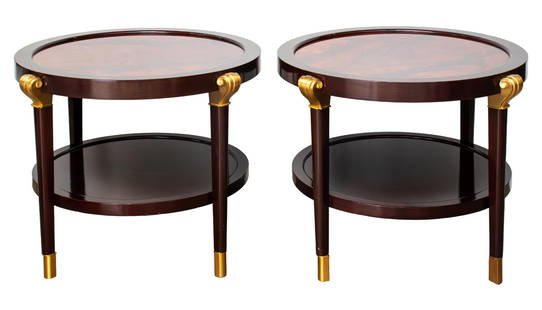 Art Deco Revival Round End Tables, Pair: Pair of Art Deco Revival Round End Tables, with wood veneer and gilt scrolled ornament embellishments in the Neoclassical taste. 26" H x 36" Diameter. Keywords: Furniture, Side tables, Accent tables,