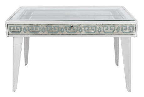 Silvered Art Deco or Moderne Vitrine Table, 1940s: Silvered Art Deco or Art Moderne Vitrine Table, Circa 1940s, with rectangular glass top and mirrored interior, the whole with a Greek key or meander decorated reverse painted glass frieze above splaye