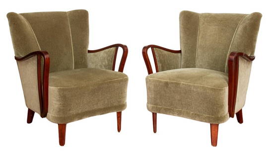 Scandinavian Art Deco Mohair Armchairs, Pair: Pair of Scandinavian Art Deco Oak and Green Mohair Armchairs, Circa 1940. 32" H x 24" W x 30" D; seat: 15" H. Keywords: MCM, Mid-century modern, Swedish, Lounge chair, Easy chair