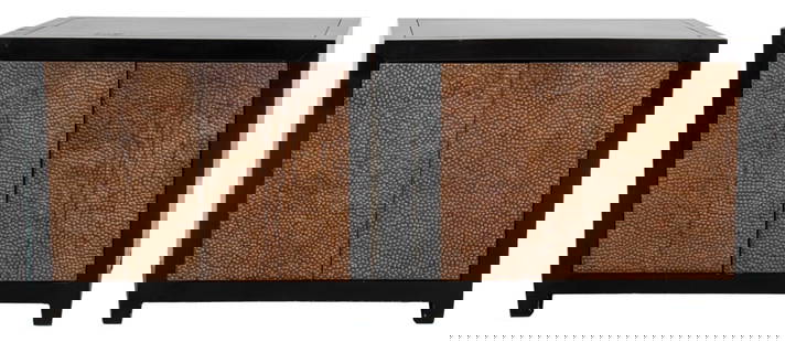 McGuire for Baker Two-Door Cabinets, 2: Pair of McGuire for Baker Ebonized and Faux Shagreen Two Door Cabinets, 21st century. 27.5" H x 32" W x 22" D. Keywords: Hollywood Regency, Mid-century modern, MCM, Asian Modern