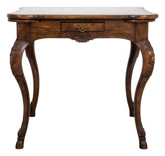 Baker French Provincial Louis XV Style Games Table: Baker Furniture French Provincial Louis XV Style stained oak Games Table, with leather - covered shaped square table with one short drawer and four candle slides above four shell-headed cabriole legs.