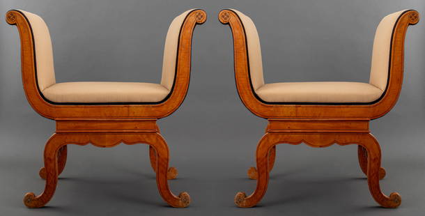 Charles X Inlaid Satinwood Tabourets, Pair: Pair of Charles X Inlaid Satinwood Tabourets. 26" H x 26" W x 16" D; seat: 16" H. Keywords: French furniture, Charles X, Biedermeier, Neoclassical, Benches, Curule, Seating, Inlay