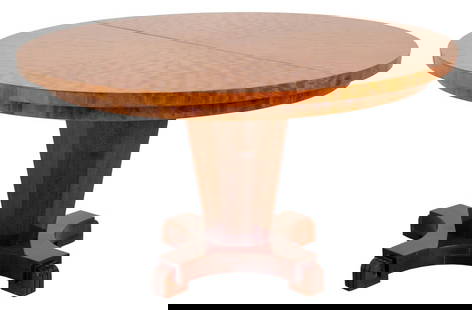 Birch Veneered Extending Pedestal Dining Table: Birch Veneered Extending Pedestal Dining Table with One Leaf, 20th Century. 29" H x 54" Diameter; extended: 66" L. Keywords: Custom, Art Deco style, Biedermeier Style, Furniture