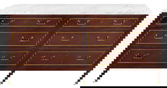 Jansen Manner Louis XVI Style Mahogany Chest: Louis XVI style Carrara marble topped brass-mounted mahogany double dresser or chest in the manner of Jacob, with three pairs of side by side drawers, each with bass fittings and pulls above tapering