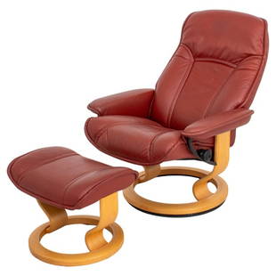 Ekornes Norwegian Stressless Chair & Ottoman: Scandinavian Modern Norwegian Ekornes Stressless Chair & Ottoman, upholstered in leather, 20th Century. 36" H x 30" W x 32" D; seat: 18" H. Keywords: Scandinavian Modern, Norwegian Design, Stressless