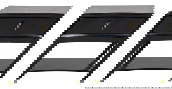 Art Deco Style Ebonized Bedside End Tables, Pair: Pair of Art Deco Style Ebonized Lamp or End Tables, with shaped stepped tops above incurved fronts and conforming undertier between tapering square legs. 30" H x 32" W x 16" D. Keywords: Art Deco styl