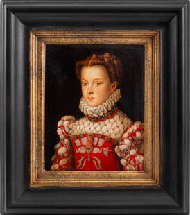 After Francois Clouet "Elisabeth of Austria" Oil: After Francois Clouet (French, 1520-1572), "Elisabeth of Austria, Queen of France", Oil on Canvas. Image: 11.5" H x 9" W; frame: 19.75" H x 17.25" W. Keywords: Portrait, Painting, Old Master, Musee Co