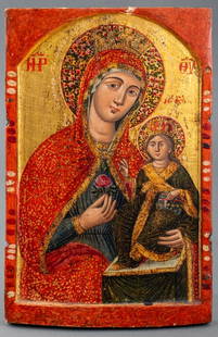 Greek Icon Mother & Child of the Unfading Rose 18C: Greek Icon of the Theotokos and Christ Child of The "Unfading Rose", 18th century or later, formerly the center panel of a triptych. 14.25" H x 9.25" W. Provenance: Sotheby's New York, Russian Works o