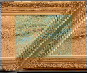 Andre Gisson Landscape Oil on Canvas: Andre Gisson Oil on Canvas, depicting a landscape scene of three figures in a field of flowers, illegibly signed lower right, framed in a giltwood Louis XV style frame. Image: 12" H x 16" W; frame: 18