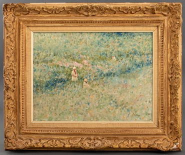 Andre Gisson Landscape Oil on Canvas: Andre Gisson Oil on Canvas, depicting a landscape scene of three figures in a field of flowers, illegibly signed lower right, framed in a giltwood Louis XV style frame. Image: 12" H x 16" W; frame: 18