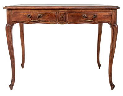 Louis XV Style Leather Top Wooden Writing Desk: Louis XV Style Hardwood Writing Desk with Green Leather and Gilt Border Top, two extendable leather inset top sides, and two short drawers, upon four cabriole legs terminating in scrolled feet. 30" H